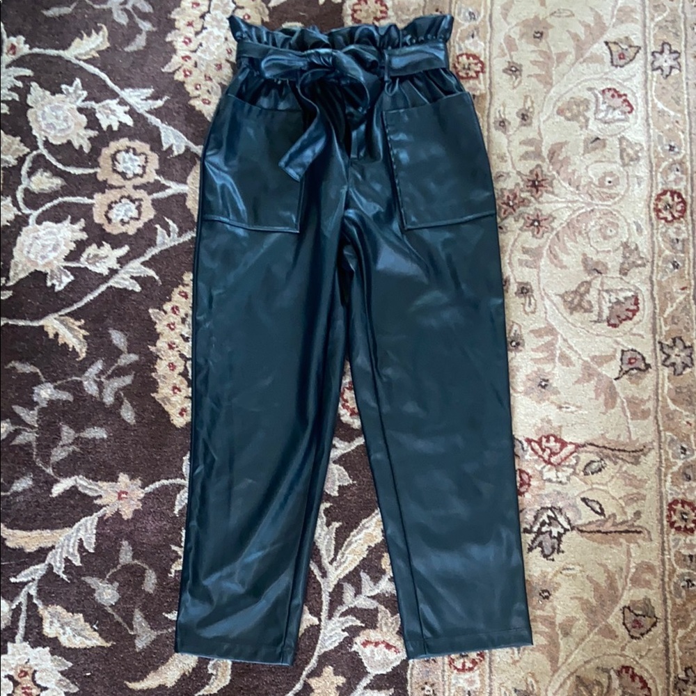 Who What Wear Black Leather Pants with Paper Bag Waist